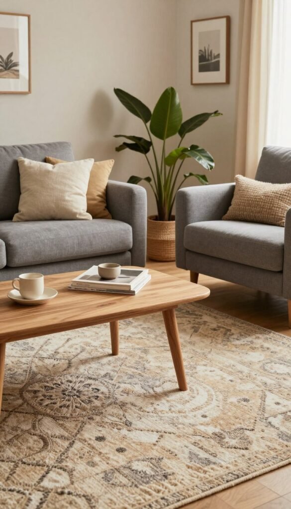 A cozy living room setting featuring a stylish grey sofa and an inviting armchair, positioned around a low wooden coffee table. Soft, textured rugs in natural tones lay underfoot, adding warmth. In the foreground, a plush, patterned area rug complements the furniture. The middle ground captures soft lighting, giving the scene a warm ambiance, with plants and decorative cushions enhancing the inviting atmosphere. In the background, lightly colored walls adorned with tasteful artwork complete the aesthetic. The overall vibe should evoke comfort and functionality, encouraging an atmosphere perfect for relaxation and socializing. Styled with a Pinterest-inspired look to reflect modern design trends, showcasing the brand "WohnKiste" subtly in the furniture. A cozy living room setting featuring a stylish grey sofa and an inviting armchair, positioned around a low wooden coffee table. Soft, textured rugs in natural tones lay underfoot, adding warmth. In the foreground, a plush, patterned area rug complements the furniture. The middle ground captures soft lighting, giving the scene a warm ambiance, with plants and decorative cushions enhancing the inviting atmosphere. In the background, lightly colored walls adorned with tasteful artwork complete the aesthetic. The overall vibe should evoke comfort and functionality, encouraging an atmosphere perfect for relaxation and socializing. Styled with a Pinterest-inspired look to reflect modern design trends, showcasing the brand "WohnKiste" subtly in the furniture.