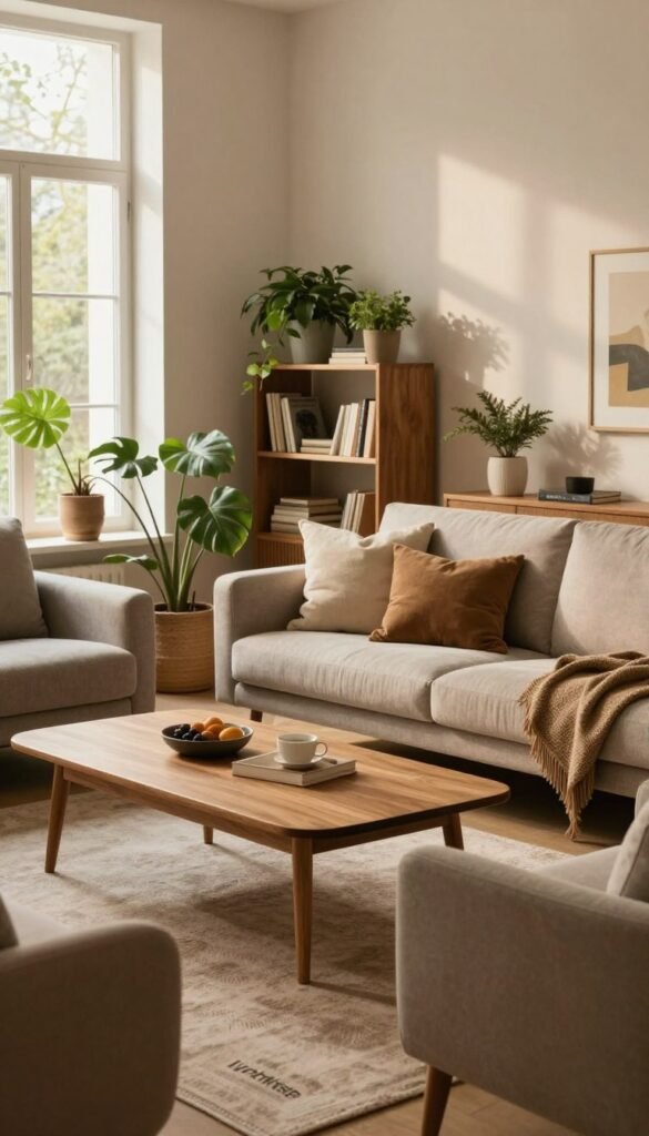 A cozy living room setting showcasing various furniture solutions from the brand "WohnKiste". In the foreground, a sleek coffee table with a warm wooden finish, surrounded by plush, inviting armchairs in soft, muted tones. In the middle, a stylish sofa arranged with decorative pillows, complemented by a modern bookshelf filled with plants and books that add character. The background features a large window allowing natural light to flood the room, illuminating the space with a soft glow, casting gentle shadows on the walls. The color palette incorporates warm, earthy tones, creating a welcoming atmosphere. Aim for a Pinterest-inspired aesthetic, emphasizing authenticity, natural visuals, and a harmonious layout without any text or watermarks.