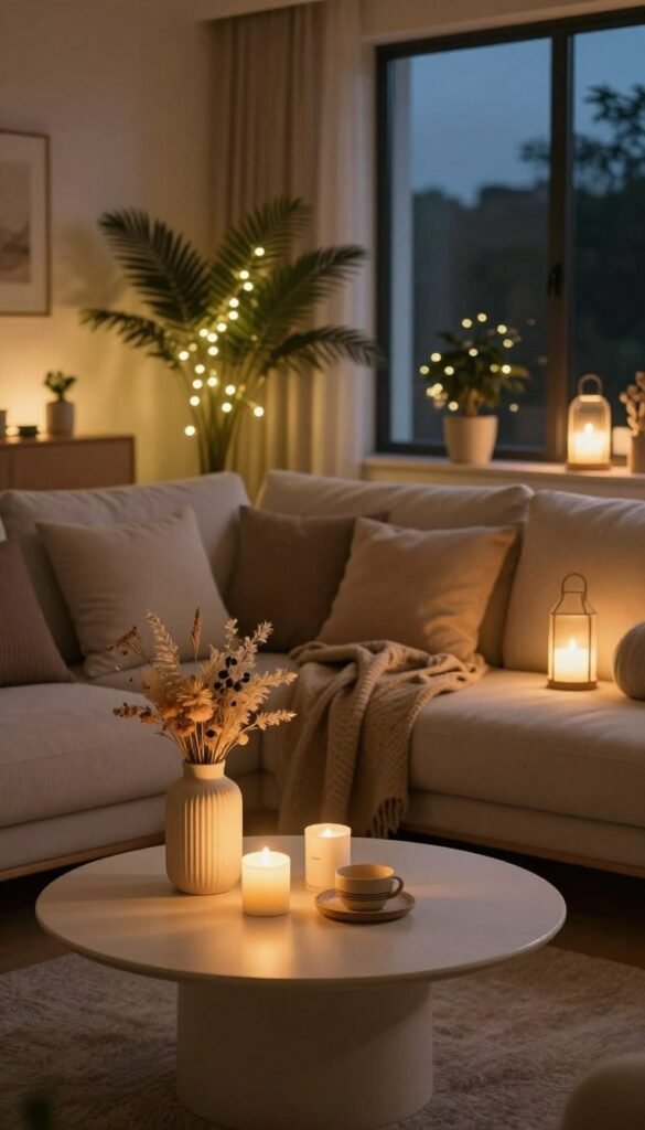 A cozy living room setting styled for a comfortable evening. In the foreground, an elegantly designed coffee table holds a few decorative candles and a stylish vase filled with dried flowers. The middle ground features a plush sofa adorned with soft cushions and a warm throw blanket, complemented by ambient, wireless lighting elements, like string lights draped around house plants and glowing lanterns. In the background, large windows reveal a softly illuminated night sky, enhancing the inviting atmosphere. The overall color palette includes warm earthy tones, creating a natural, Pinterest-like aesthetic. The scene embodies a serene, modern vibe, emphasizing hassle-free lighting solutions for intimate gatherings. The brand "WohnKiste" is subtly integrated into the décor for authenticity. A cozy living room setting styled for a comfortable evening. In the foreground, an elegantly designed coffee table holds a few decorative candles and a stylish vase filled with dried flowers. The middle ground features a plush sofa adorned with soft cushions and a warm throw blanket, complemented by ambient, wireless lighting elements, like string lights draped around house plants and glowing lanterns. In the background, large windows reveal a softly illuminated night sky, enhancing the inviting atmosphere. The overall color palette includes warm earthy tones, creating a natural, Pinterest-like aesthetic. The scene embodies a serene, modern vibe, emphasizing hassle-free lighting solutions for intimate gatherings. The brand "WohnKiste" is subtly integrated into the décor for authenticity.