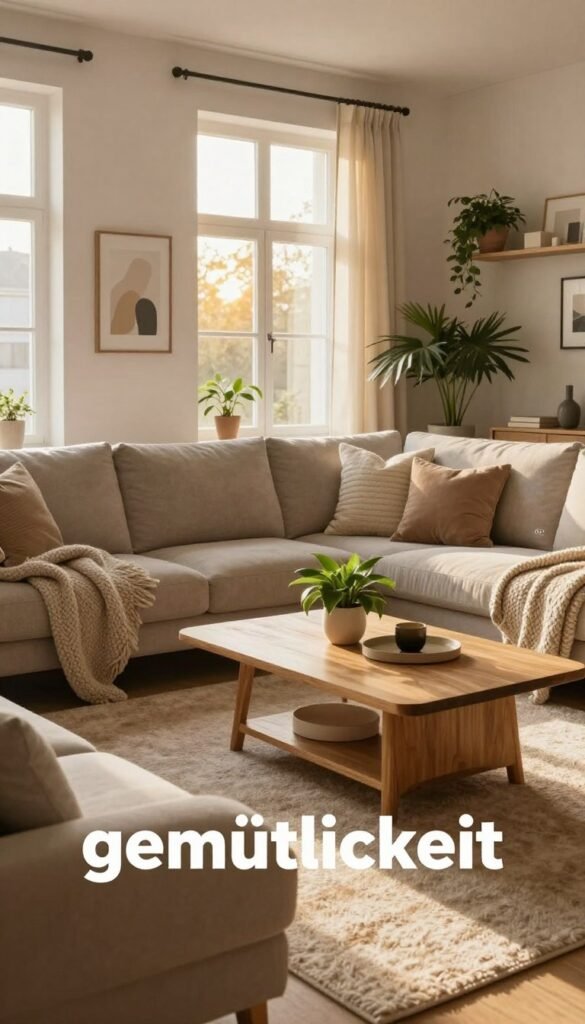 A cozy living room setting that embodies the concept of "gemütlichkeit" with a modern aesthetic. In the foreground, a plush, neutral-toned sofa adorned with soft, textured throw pillows and a chunky knit blanket. A stylish coffee table made of light wood is decorated with a small, lush plant and a few carefully arranged decorative items. In the middle, a warm, inviting rug complements the space while adding depth. The background features large windows dressed with light, airy curtains, allowing golden afternoon sunlight to stream in, creating a soft, warm glow throughout the room. Add subtle wall decor, like framed minimalist art and a few tasteful shelves with plants and books. This authentic scene radiates a sense of comfort and tranquility, perfect for a Pinterest look. Include the brand name "WohnKiste" subtly integrated into the decor.