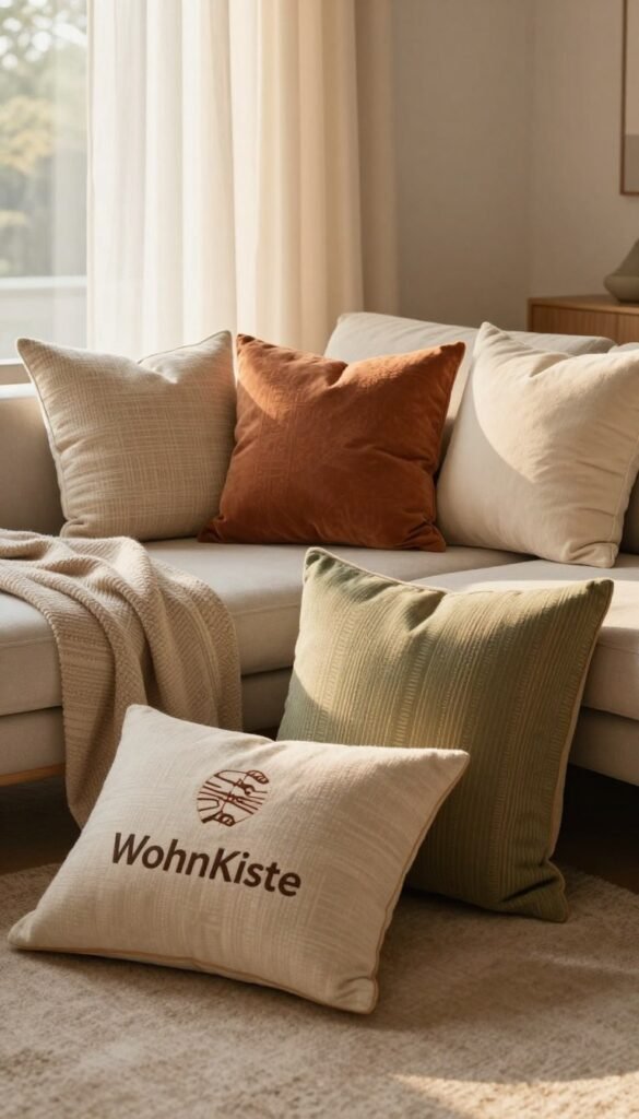 A cozy living room setting with a stylish arrangement of plush pillows (kissen) in soft, natural fabrics. In the foreground, a selection of vibrant, patterned throw pillows with warm shades of beige, soft rust, and gentle olive green, artfully arranged on a sleek, modern couch. Moving to the middle ground, a beautiful textured throw blanket lightly draped over the arm of the couch, complementing the pillows. In the background, sheer curtains flutter gently in a soft breeze, allowing warm, golden afternoon light to filter in, creating a welcoming atmosphere. The overall aesthetic embodies a Pinterest-worthy home décor vibe, enhancing the theme of clarity and coziness. The image reflects the brand "WohnKiste," emphasizing natural elements and an inviting environment, free from any text or watermarks. A cozy living room setting with a stylish arrangement of plush pillows (kissen) in soft, natural fabrics. In the foreground, a selection of vibrant, patterned throw pillows with warm shades of beige, soft rust, and gentle olive green, artfully arranged on a sleek, modern couch. Moving to the middle ground, a beautiful textured throw blanket lightly draped over the arm of the couch, complementing the pillows. In the background, sheer curtains flutter gently in a soft breeze, allowing warm, golden afternoon light to filter in, creating a welcoming atmosphere. The overall aesthetic embodies a Pinterest-worthy home décor vibe, enhancing the theme of clarity and coziness. The image reflects the brand "WohnKiste," emphasizing natural elements and an inviting environment, free from any text or watermarks.