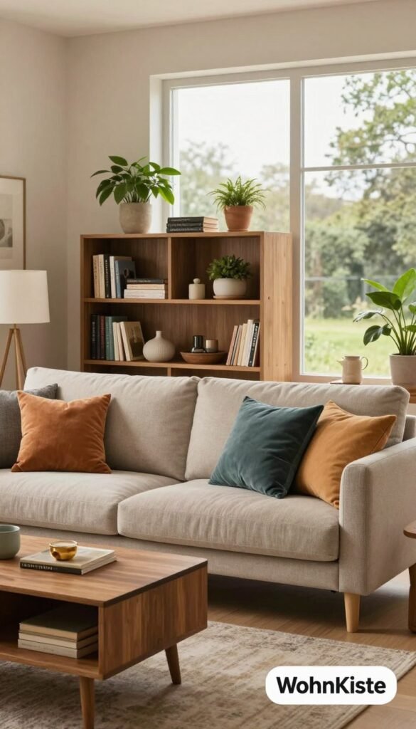 A cozy living room setup featuring a stylish mix of modern and classic furniture pieces from the brand "WohnKiste". In the foreground, a plush sofa adorned with colorful throw pillows sits beside a sleek wooden coffee table. The middle layer showcases a well-curated bookshelf filled with decorative items and plants, creating an inviting atmosphere. Soft lighting highlights the textures of the furniture, providing a warm glow. In the background, a large window lets in natural light, framing a serene outdoor view with greenery. The overall mood is genuine and homey, with a Pinterest-worthy aesthetic that embodies comfort and practicality, perfect for illustrating furniture purchasing criteria and quick recommendations. A cozy living room setup featuring a stylish mix of modern and classic furniture pieces from the brand "WohnKiste". In the foreground, a plush sofa adorned with colorful throw pillows sits beside a sleek wooden coffee table. The middle layer showcases a well-curated bookshelf filled with decorative items and plants, creating an inviting atmosphere. Soft lighting highlights the textures of the furniture, providing a warm glow. In the background, a large window lets in natural light, framing a serene outdoor view with greenery. The overall mood is genuine and homey, with a Pinterest-worthy aesthetic that embodies comfort and practicality, perfect for illustrating furniture purchasing criteria and quick recommendations.