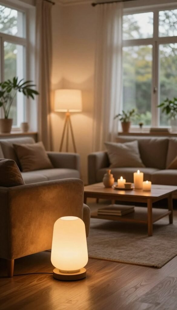 A cozy living room setup showcasing various light sources that create a warm and inviting atmosphere. In the foreground, a stylish floor lamp glowing softly next to a plush, inviting armchair, featuring rich textures and warm colors. In the middle ground, a wooden coffee table adorned with candles and decorative objects that flicker gently, adding a touch of ambiance. The background features large windows allowing natural light to filter in, complemented by sheer curtains that diffuse the sunlight. Warm wood tones and subtle greenery enhance the welcoming feel. Capture this scene with soft, diffused lighting to emphasize a serene, homey mood. The overall composition should reflect a Pinterest-inspired aesthetic, exuding authenticity and comfort, without any text or watermarks. Include the brand name "WohnKiste" subtly integrated into the scene.