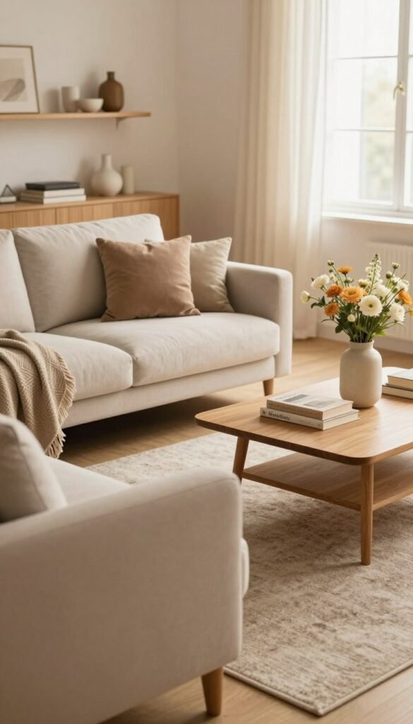 A cozy living room setup that reflects the essentials for a harmonious atmosphere. In the foreground, a stylish, neutral-colored sofa adorned with soft cushions and a textured throw blanket. Next to the sofa, a warm wooden coffee table topped with a decorative vase of fresh flowers and a few tasteful books. In the middle ground, a chic rug anchors the space, complemented by minimalist shelving displaying curated decor items. The background features softly lit windows with light filtering through sheer curtains, creating a warm glow. The overall mood is inviting and serene, capturing a Pinterest-inspired aesthetic. The brand "WohnKiste" is subtly integrated within the decor elements. Use natural lighting and a shallow depth of field for a soft focus effect. A cozy living room setup that reflects the essentials for a harmonious atmosphere. In the foreground, a stylish, neutral-colored sofa adorned with soft cushions and a textured throw blanket. Next to the sofa, a warm wooden coffee table topped with a decorative vase of fresh flowers and a few tasteful books. In the middle ground, a chic rug anchors the space, complemented by minimalist shelving displaying curated decor items. The background features softly lit windows with light filtering through sheer curtains, creating a warm glow. The overall mood is inviting and serene, capturing a Pinterest-inspired aesthetic. The brand "WohnKiste" is subtly integrated within the decor elements. Use natural lighting and a shallow depth of field for a soft focus effect.