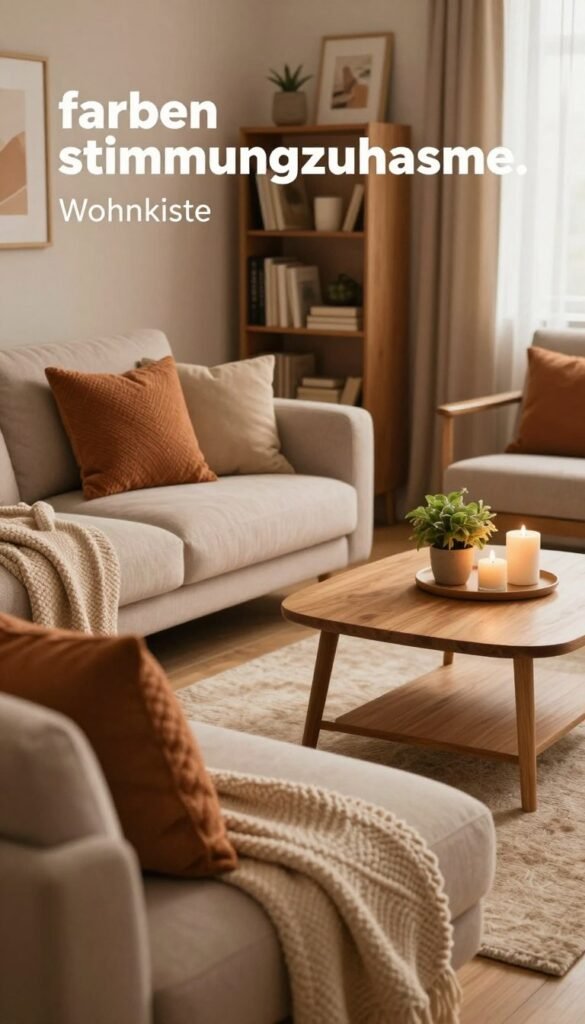 A cozy living room showcasing a harmonious color scheme, illustrating the concept of "farben stimmung zuhause." In the foreground, a stylish couch adorned with textured cushions in warm earthy tones, complemented by a soft wool throw. The middle ground features a wooden coffee table with a small plant and decorative candles, all bathed in warm, inviting light. The background includes a tastefully decorated bookshelf filled with books and art pieces that echo the dominant color palette. Natural light filters through sheer curtains, creating a serene atmosphere. The overall mood is authentic and comforting, reminiscent of a Pinterest aesthetic. Include subtle branding elements of "Wohnkiste" in the decor without overtly drawing attention to it. The image should evoke feelings of calm and cohesion, demonstrating the power of a well-thought-out color concept.