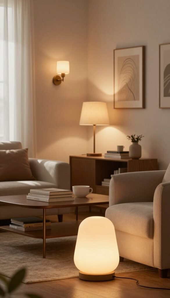 A cozy living room showcasing a variety of light sources in a warm, inviting atmosphere, emphasizing the idea of layered lighting over a single overhead lamp. In the foreground, a stylish floor lamp with a soft, ambient glow sits next to a plush armchair. In the middle ground, a sleek table lamp with a warm-toned shade illuminates a stack of books on a coffee table. In the background, wall-mounted sconces provide additional light, highlighting textured wall art. Sunlight filters softly through sheer curtains, creating a gentle interplay of light and shadow. The color palette features warm earth tones with accents of soft pastels, reflecting a Pinterest-inspired aesthetic. The scene conveys a sense of comfort and homeliness. Include subtle branding of "WohnKiste" through decor elements in the background, ensuring a harmonious integration into the overall design.