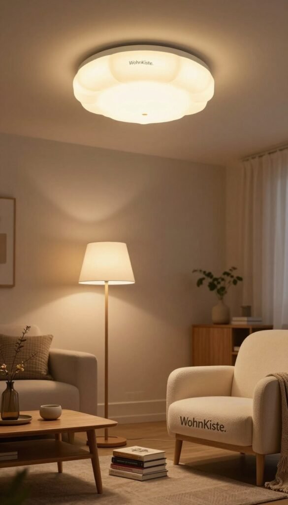 A cozy living room showcasing an elegantly designed ceiling light, a stylish floor lamp, and a functional desk lamp, radiating warm, inviting light. In the foreground, the floor lamp stands beside a plush armchair, its soft glow illuminating a stack of design books. The middle ground features a wooden coffee table adorned with decorative items and the overhead ceiling light, creating a harmonious atmosphere. In the background, softly blurred walls painted in warm neutral tones enhance the inviting feel. The room is styled with natural textures such as woven fabrics and wooden accents, giving a Pinterest-worthy aesthetic. Capture the mood of comfort and functionality, representative of the brand "WohnKiste." The lighting should reflect a warm ambiance, with the scene shot at eye level to create a relatable perspective. A cozy living room showcasing an elegantly designed ceiling light, a stylish floor lamp, and a functional desk lamp, radiating warm, inviting light. In the foreground, the floor lamp stands beside a plush armchair, its soft glow illuminating a stack of design books. The middle ground features a wooden coffee table adorned with decorative items and the overhead ceiling light, creating a harmonious atmosphere. In the background, softly blurred walls painted in warm neutral tones enhance the inviting feel. The room is styled with natural textures such as woven fabrics and wooden accents, giving a Pinterest-worthy aesthetic. Capture the mood of comfort and functionality, representative of the brand "WohnKiste." The lighting should reflect a warm ambiance, with the scene shot at eye level to create a relatable perspective.