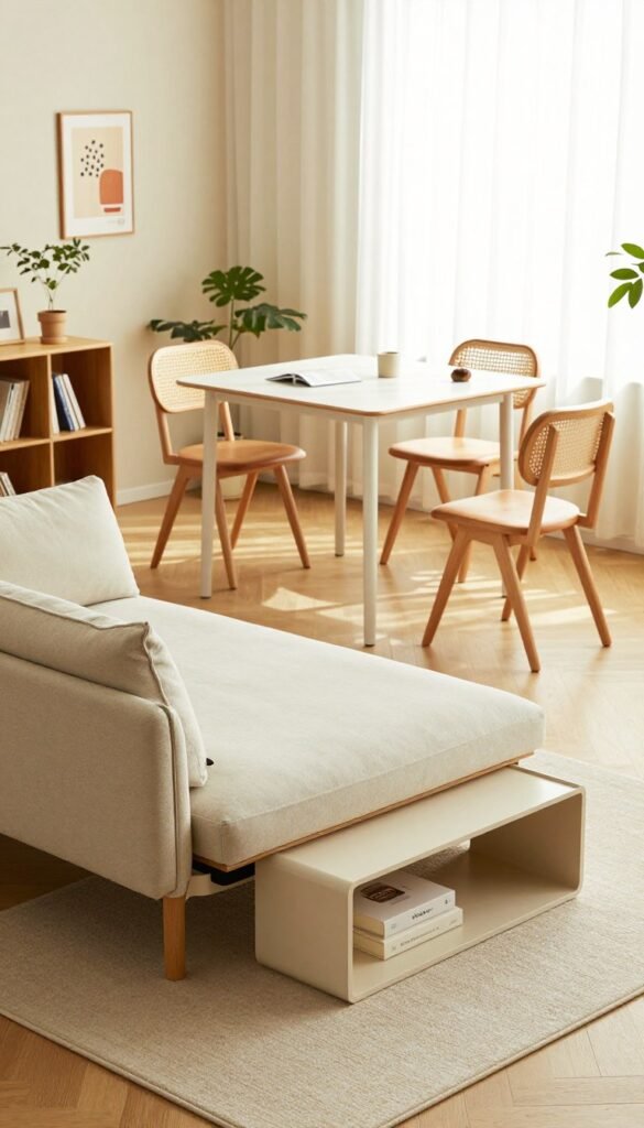 A cozy living room, showcasing multifunctional furniture in a stylish setting. In the foreground, a sleek, light-colored sofa bed with soft cushions and a built-in bookshelf on one side. Beside it, a small, elegant coffee table that doubles as storage. In the middle, a folding dining table and chairs, artfully arranged to maximize space without clutter. The background features warm, natural lighting filtering through a large window adorned with sheer curtains, casting a soft glow. A minimalist rug adds warmth to the floor, emphasizing the open layout. Decorative plants and tasteful wall art enhance the Pinterest-worthy aesthetic. The image reflects creativity and harmonious living, highlighting the brand "WohnKiste" subtly in the scene.
