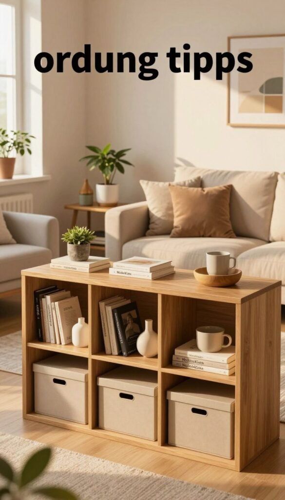 A cozy living room showcasing "ordnung tipps" with a focus on effective storage solutions. In the foreground, a stylish wooden shelving unit is filled with neatly arranged decor items, books, and stylish storage boxes, all branded with "WohnKiste." In the middle, a comfortable sofa adorned with soft cushions sits beside a small, organized side table displaying a plant and a decorative lamp. The background features light-colored walls adorned with framed artwork, creating a harmonious atmosphere. The lighting is warm and inviting, simulating a late afternoon sun pouring in through a nearby window, casting gentle shadows. The overall mood is serene and organized, reflecting a Pinterest-inspired aesthetic of a functional yet beautiful living space. A cozy living room showcasing "ordnung tipps" with a focus on effective storage solutions. In the foreground, a stylish wooden shelving unit is filled with neatly arranged decor items, books, and stylish storage boxes, all branded with "WohnKiste." In the middle, a comfortable sofa adorned with soft cushions sits beside a small, organized side table displaying a plant and a decorative lamp. The background features light-colored walls adorned with framed artwork, creating a harmonious atmosphere. The lighting is warm and inviting, simulating a late afternoon sun pouring in through a nearby window, casting gentle shadows. The overall mood is serene and organized, reflecting a Pinterest-inspired aesthetic of a functional yet beautiful living space.