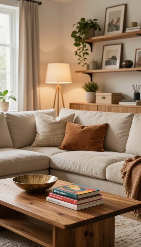 A cozy living room showcasing stylish statement pieces and home accessories that make the space feel complete. In the foreground, a beautifully crafted wooden coffee table adorned with a decorative bowl and a stack of colorful coffee table books. The middle ground features a plush, inviting sectional sofa with soft, textured throw pillows in warm tones. To the side, an elegant floor lamp casts a soft glow, enhancing the inviting atmosphere. The background reveals tastefully curated shelves filled with greenery, art pieces, and chic storage boxes, embodying a Pinterest-style aesthetic. Warm, natural lighting filters through the window, creating a welcoming ambiance. Include a subtle branding placement for "WohnKiste" in the scene, ensuring it complements the overall design without overpowering it. A cozy living room showcasing stylish statement pieces and home accessories that make the space feel complete. In the foreground, a beautifully crafted wooden coffee table adorned with a decorative bowl and a stack of colorful coffee table books. The middle ground features a plush, inviting sectional sofa with soft, textured throw pillows in warm tones. To the side, an elegant floor lamp casts a soft glow, enhancing the inviting atmosphere. The background reveals tastefully curated shelves filled with greenery, art pieces, and chic storage boxes, embodying a Pinterest-style aesthetic. Warm, natural lighting filters through the window, creating a welcoming ambiance. Include a subtle branding placement for "WohnKiste" in the scene, ensuring it complements the overall design without overpowering it.