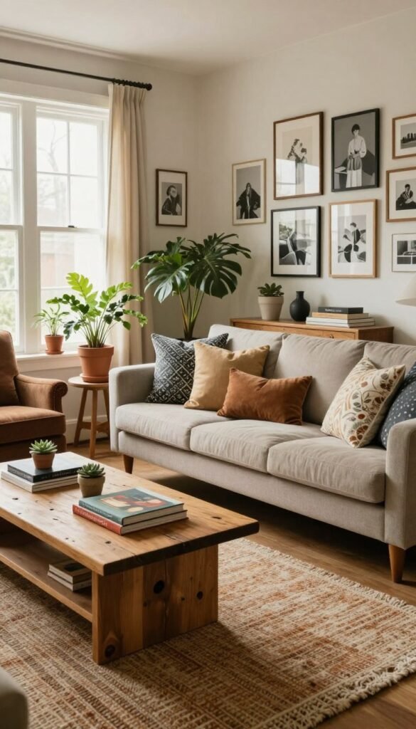 A cozy living room that beautifully blends various design styles, showcasing a harmonious "stil mix." In the foreground, a textured area rug in warm tones lies under a rustic wooden coffee table adorned with a few art books and a small succulent. The middle features a comfortable, stylish sofa layered with patterned cushions, flanked by a vintage armchair, both bathed in soft, natural light streaming through large windows. A mix of potted plants adds a touch of greenery. In the background, a gallery wall displays an eclectic mix of framed art and photographs. The overall mood is inviting and personal, with an authentic Pinterest-inspired aesthetic, radiating warmth and style. The image reflects the branding of "WohnKiste."