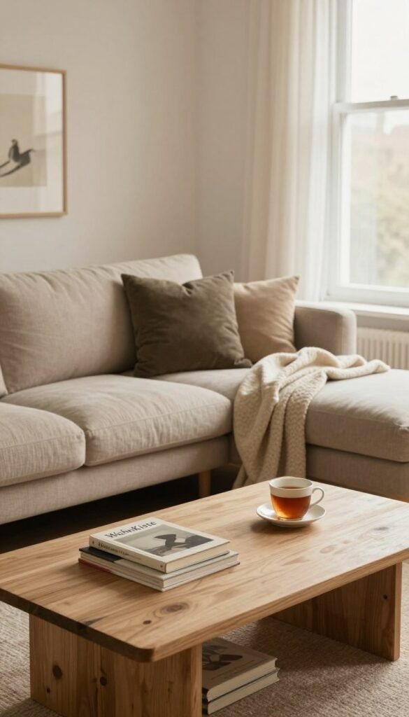A cozy living room that feels partially incomplete, showcasing a blend of modern and rustic elements. In the foreground, a stylish, unfinished coffee table adorned with a few art books and a warm cup of tea. The middle layer features a plush, inviting sofa with mismatched cushions and a soft throw blanket draped over one arm. Sparse decor on the walls hints at potential, with a single art piece waiting for its companions. The background reveals a large window allowing warm, natural light to flood the space, illuminating the gentle textures of the furniture. The overall atmosphere should convey a sense of warmth and potential, reflecting a Pinterest-inspired aesthetic. Ensure the brand name "WohnKiste" is subtly integrated into the decor elements without being overt, maintaining an authentic feel.