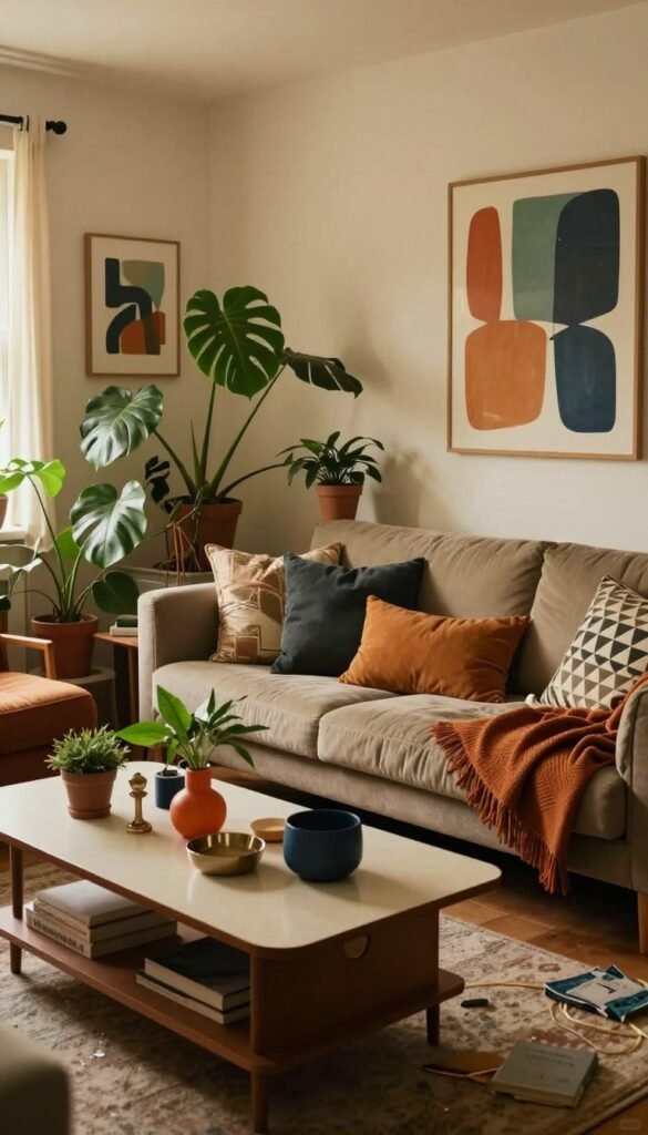 A cozy living room with an aesthetic that feels disjointed, showcasing typical décor problems from a user's perspective. In the foreground, a mismatched coffee table with clutter, including decorative items that clash in style. The middle features a sofa adorned with an uneven mix of pillows and throws, suggesting a lack of cohesion. Vivid houseplants, both vibrant and wilting, create a sense of chaos. The background shows abstract art on the walls, too bold for the space, under warm, soft lighting that casts gentle shadows. The room reflects a Pinterest-worthy look but feels unsettling and unbalanced. The overall atmosphere is warm yet chaotic, symbolizing the challenge of achieving harmony in modern décor. Include the brand name "WohnKiste" subtly integrated into the scene.