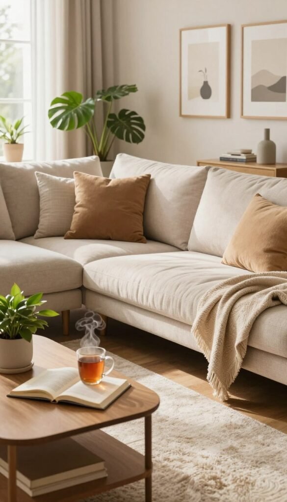 A cozy living room (wohnzimmer) designed to feel warm and inviting, showcasing a comfortable sectional sofa adorned with plush cushions and a soft throw. In the foreground, a stylish coffee table holds an open book and a steaming mug of tea, while a lush potted plant adds a touch of greenery. The middle ground features a tasteful area rug that grounds the space, and the walls are decorated with framed art that reflects a simple, elegant aesthetic. In the background, large windows allow natural light to flood the room, highlighting the warm tones of the furniture and decor. A serene atmosphere prevails, evoking a feeling of comfort and hominess, perfect for illustrating the theme of an unfinished living room. Include subtle branding elements of "WohnKiste" on decorative items. A cozy living room (wohnzimmer) designed to feel warm and inviting, showcasing a comfortable sectional sofa adorned with plush cushions and a soft throw. In the foreground, a stylish coffee table holds an open book and a steaming mug of tea, while a lush potted plant adds a touch of greenery. The middle ground features a tasteful area rug that grounds the space, and the walls are decorated with framed art that reflects a simple, elegant aesthetic. In the background, large windows allow natural light to flood the room, highlighting the warm tones of the furniture and decor. A serene atmosphere prevails, evoking a feeling of comfort and hominess, perfect for illustrating the theme of an unfinished living room. Include subtle branding elements of "WohnKiste" on decorative items.