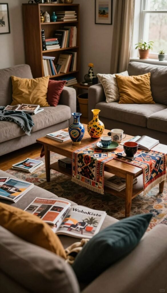 A cozy living room (wohnzimmer) gathered with typical everyday decor items that evoke a sense of unease. In the foreground, a plush sofa with mismatched cushions, scattered magazines, and a casual throw blanket create an inviting yet chaotic atmosphere. In the middle ground, a wooden coffee table displays an eclectic mix of decorative objects, such as a vibrant vase, an overly busy table runner, and various trinkets that clash in color and style. In the background, an unmade bookshelf reveals a clutter of books and knick-knacks, while warm, natural lighting floods through a small window, casting gentle shadows that enhance the feeling of disarray. Aim for a Pinterest-inspired aesthetic with authentic, warm colors, capturing a relatable home environment that mirrors common decoration challenges. Include a subtle branding element, "WohnKiste," integrated into the decor.