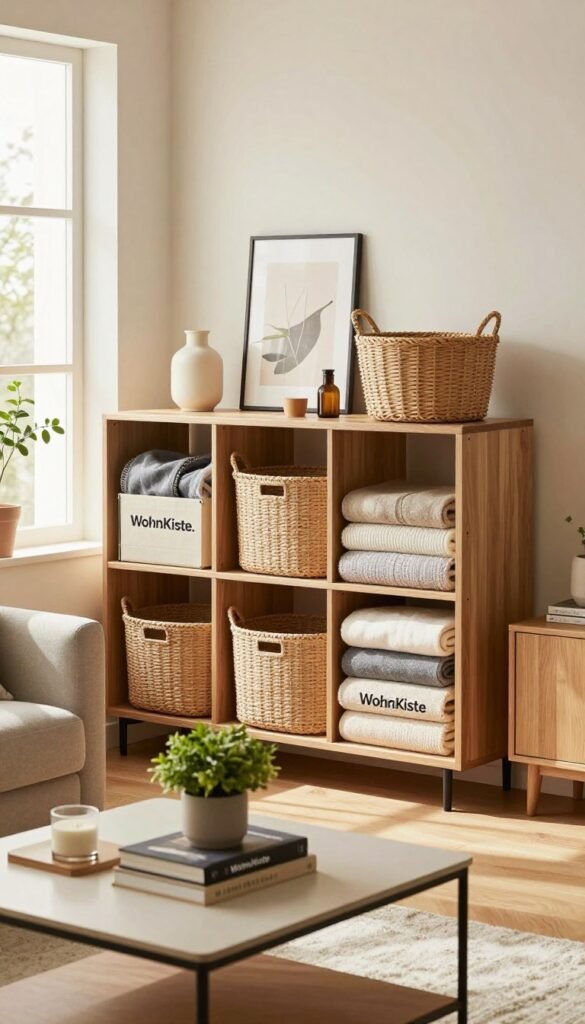 A cozy living space designed for optimal storage solutions, showcasing a beautifully arranged room with stylish shelves from the brand "WohnKiste." In the foreground, an elegant coffee table adorned with decor books and a small potted plant creates an inviting atmosphere. The middle ground features tastefully organized storage units that display attractive baskets and neatly folded blankets, emphasizing the theme of practicality and aesthetics. In the background, soft sunlight streams through a large window, casting warm, natural light around the room, enhancing the ambiance. The overall mood is serene and welcoming, reflecting a Pinterest-inspired aesthetic, with a harmonious blend of colors and textures, showcasing effective storage ideas for modern living.
