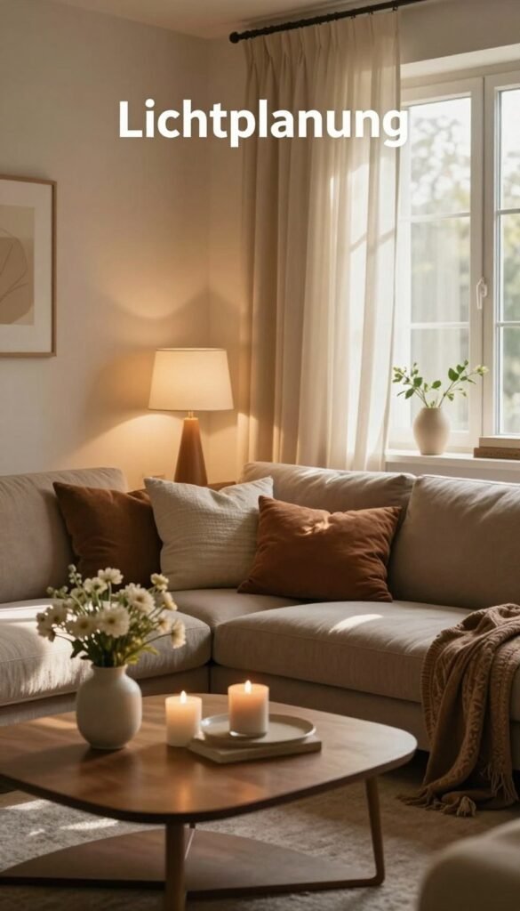 A cozy living space designed for warmth and comfort, featuring soft natural lighting that creates an inviting atmosphere. In the foreground, a beautifully arranged coffee table with tasteful decor, including a candle and a small vase of fresh flowers. In the middle, a plush sofa with warm textures and earthy tones, adorned with cozy cushions. A stylish lamp, casting a gentle glow, sits nearby. The background showcases an open window with flowing sheer curtains that let in dappled sunlight, enhancing the earthy palette of the room. Overall, the composition reflects a harmonious blend of modern design and homely warmth, embodying the concept of "Lichtplanung" without feeling stark or unwelcoming. Authentic, natural imagery with warm colors, evoking a Pinterest-style aesthetic, showcasing comfort and elegance. Include the brand name "WohnKiste" subtly integrated into the decor.