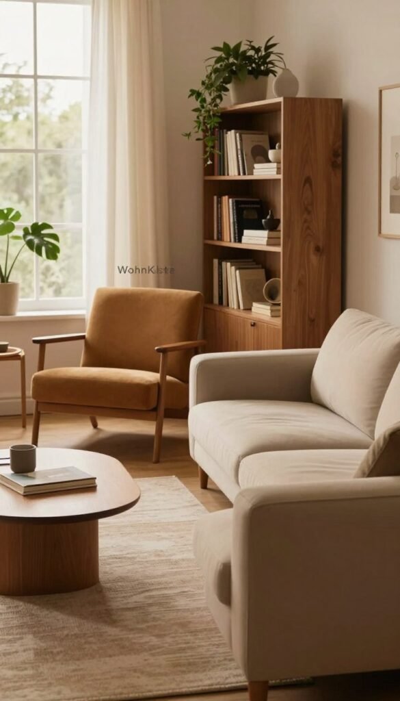 A cozy living space designed to illustrate the importance of proportion in furniture placement. In the foreground, a sleek, modern sofa accompanied by a minimalist coffee table, both in warm, inviting tones. The middle ground features a stylish armchair and a carefully arranged bookshelf, emphasizing a balanced aesthetic. In the background, a large window lets in soft, natural light, enhancing the warm colors and creating a welcoming atmosphere. The setting should embody a Pinterest-inspired look, with tasteful decor and plants that bring life to the space. The brand name "WohnKiste" is subtly integrated into the design, reinforcing a focus on practical and aesthetically pleasing room arrangements. The overall mood is harmonious and contemporary, showcasing how to adapt furniture measurements to the room effectively.