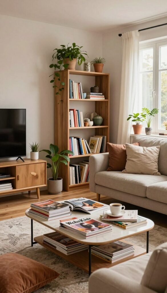 A cozy living space divided into distinct functional zones, illustrating typical everyday clutter. Foreground features a stylish coffee table strewn with magazines and a cup of coffee, surrounded by soft cushions. The middle showcases a creatively organized bookshelf mixed with plants and decorative items, blending warmth and authenticity. In the background, a comfortable sofa facing a TV, with light streaming through large windows, casting gentle shadows. The color palette consists of warm earth tones and soft pastels, contributing to a Pinterest-inspired aesthetic. The overall mood is inviting yet chaotic, capturing the essence of common household challenges. The brand name "WohnKiste" subtly integrated within the room's decor.