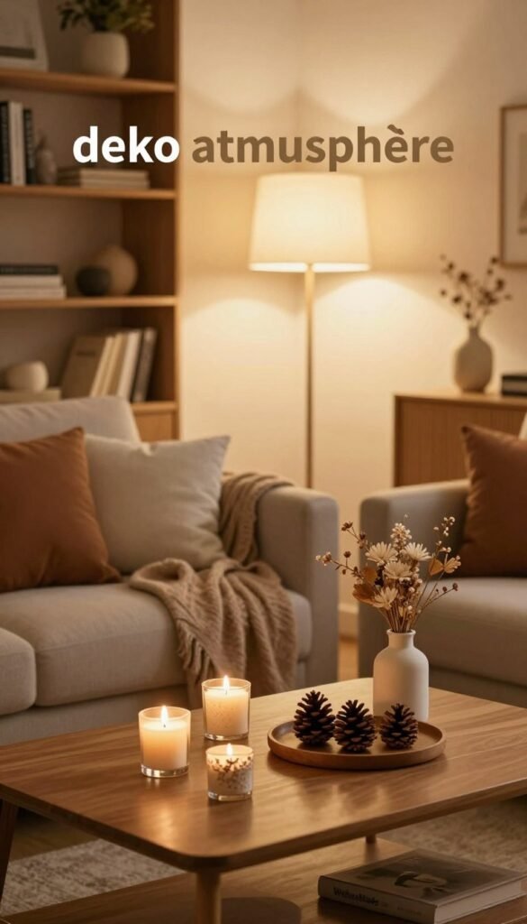 A cozy living space embodying "deko atmosphäre" with warm, inviting colors and a Pinterest-like aesthetic. In the foreground, a beautifully arranged coffee table adorned with decorative candles, a small wooden tray holding natural elements like pinecones, and a delicate vase of dried flowers. In the middle ground, a plush sofa draped with soft throws and cushions in earth tones, alongside a stylish floor lamp casting a soft glow. The background features a softly lit bookshelf filled with books and decorative accents, creating a warm ambiance. The scene is illuminated by gentle, warm overhead lighting that enhances the inviting atmosphere. Capture the essence of craftsmanship with "WohnKiste" elements showcased subtly throughout the space. A cozy living space embodying "deko atmosphäre" with warm, inviting colors and a Pinterest-like aesthetic. In the foreground, a beautifully arranged coffee table adorned with decorative candles, a small wooden tray holding natural elements like pinecones, and a delicate vase of dried flowers. In the middle ground, a plush sofa draped with soft throws and cushions in earth tones, alongside a stylish floor lamp casting a soft glow. The background features a softly lit bookshelf filled with books and decorative accents, creating a warm ambiance. The scene is illuminated by gentle, warm overhead lighting that enhances the inviting atmosphere. Capture the essence of craftsmanship with "WohnKiste" elements showcased subtly throughout the space.