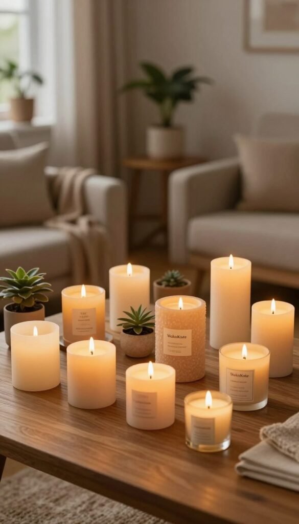 A cozy living space featuring a collection of various candles, LED candles, and scented candles to create warmth and ambiance. In the foreground, showcase a wooden table adorned with an assortment of candles in different shapes and heights, some flickering softly, while others emit a gentle glow. In the middle, add decorative elements like small potted plants and natural textiles, enhancing the inviting atmosphere. The background features a softly lit room with warm, earthy tones, and a hint of greenery through a window. Utilize natural lighting to cast soft shadows, giving a Pinterest-inspired look. The scene should reflect an authentic, homely vibe, with "WohnKiste" subtly integrated into the decor, emphasizing comfort and style.
