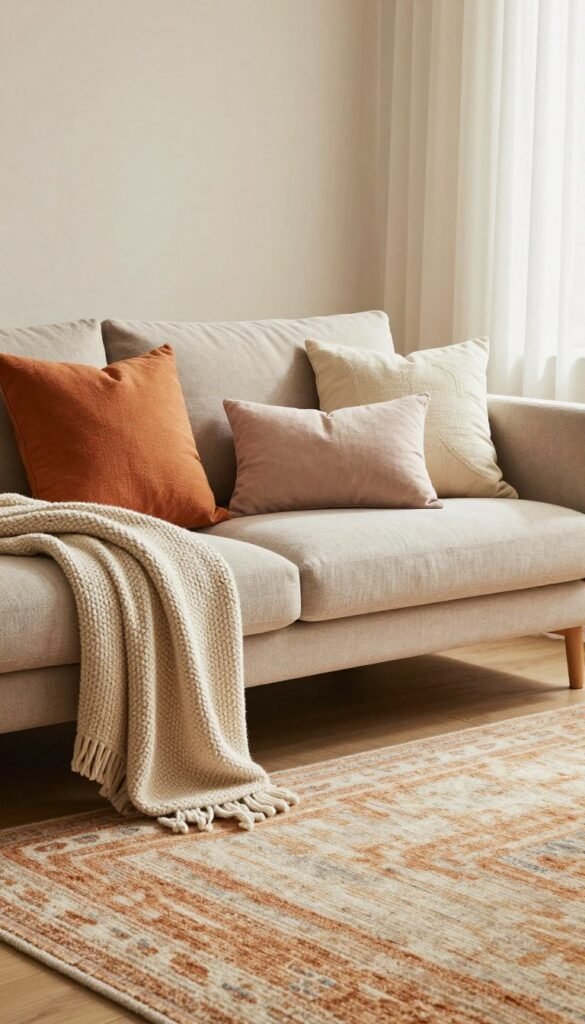 A cozy living space featuring a harmonious arrangement of textile elements: vibrant throw pillows in various shapes and sizes are scattered on a plush sofa, complemented by a soft, knitted blanket draped casually over the armrest. A stylish area rug with a warm, inviting pattern lies at the forefront, enhancing the feeling of comfort. In the background, flowing curtains gently diffuse soft, natural light, creating a serene atmosphere. The color palette incorporates warm earth tones and subtle pastel shades, evoking a sense of calm. The scene is styled in a modern yet inviting way, typical of the brand WohnKiste, aiming for an authentic Pinterest-inspired aesthetic that showcases the joy of textile layering in home décor.