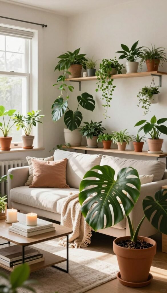 A cozy living space featuring a variety of lush indoor plants arranged harmoniously throughout the room. In the foreground, a large potted monstera with vibrant green leaves stands proudly beside a stylish coffee table adorned with books and candles. In the middle ground, a comfy sofa, draped with a soft, textured throw, complements an array of smaller plants on floating shelves. In the background, large windows allow natural light to flood in, casting gentle shadows and enhancing the warm color palette of earth tones and soft pastels. The atmosphere is inviting and peaceful, capturing the essence of a Pinterest-worthy home. Subtle branding of "WohnKiste" is integrated into the decor, showcasing a seamless blend of nature and interior design. A cozy living space featuring a variety of lush indoor plants arranged harmoniously throughout the room. In the foreground, a large potted monstera with vibrant green leaves stands proudly beside a stylish coffee table adorned with books and candles. In the middle ground, a comfy sofa, draped with a soft, textured throw, complements an array of smaller plants on floating shelves. In the background, large windows allow natural light to flood in, casting gentle shadows and enhancing the warm color palette of earth tones and soft pastels. The atmosphere is inviting and peaceful, capturing the essence of a Pinterest-worthy home. Subtle branding of "WohnKiste" is integrated into the decor, showcasing a seamless blend of nature and interior design.