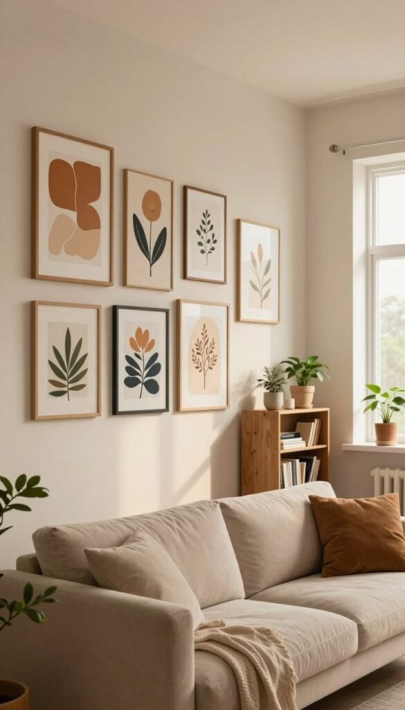 A cozy living space featuring accent wall décor that embodies tranquility and style. In the foreground, a beautifully arranged gallery wall made up of various framed artworks, including abstract prints and botanical illustrations, all with warm, inviting colors reminiscent of natural elements. The middle ground includes a modern bookshelf adorned with small potted plants and decorative items, while a comfy sofa sits invitingly nearby. In the background, softly lit windows let in gentle natural light, enhancing the warm atmosphere. The overall mood is stress-free and harmonious, reflecting a Pinterest-inspired aesthetic. The brand name "WohnKiste" is subtly suggested through the choice of décor, emphasizing authenticity and elegance without any text in the image.