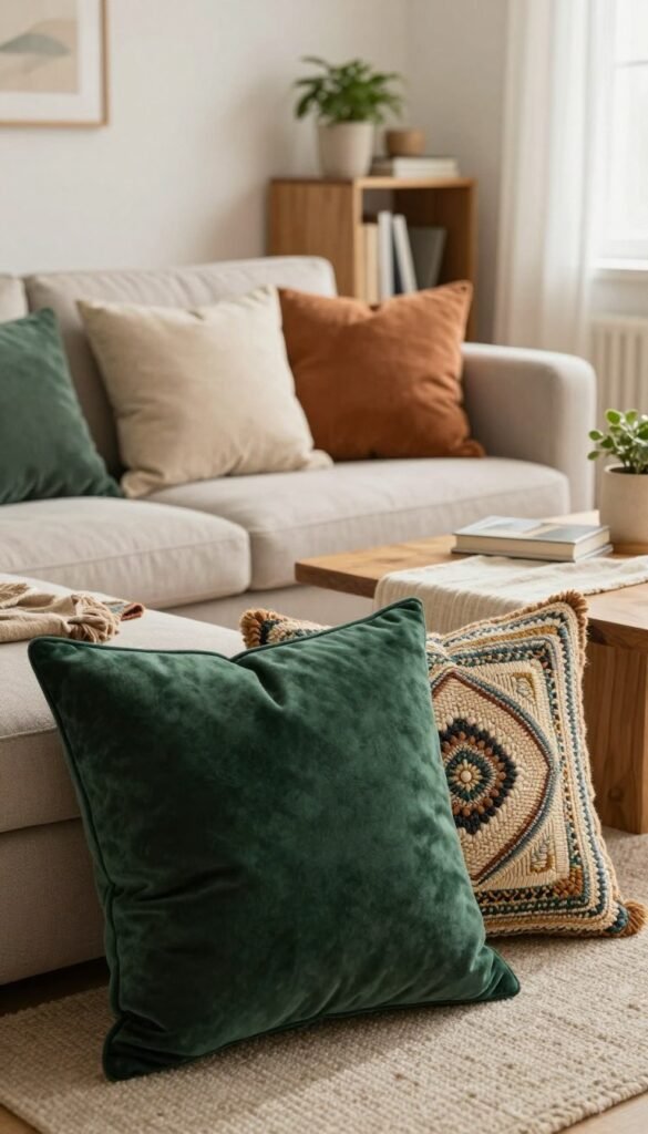 A cozy living space featuring an array of beautifully designed cushions in various textures and warm colors. In the foreground, a plush, oversized velvet cushion in deep emerald green, next to a decorative woven cushion with intricate patterns, both arranged on a stylish fabric sofa. The middle background showcases a softly lit coffee table adorned with a natural wood finish, draped with a light linen table runner, enhancing the warmth of the setting. To the side, a minimalist bookshelf with potted plants and design books creates an inviting atmosphere. The background features a softly diffused window that bathes the room in natural light, accentuating the authentic, Pinterest-inspired aesthetic. The overall mood is comfortable and inviting, perfect for a living room or bedroom setting. Incorporate elements from the brand "WohnKiste" for a cohesive look.