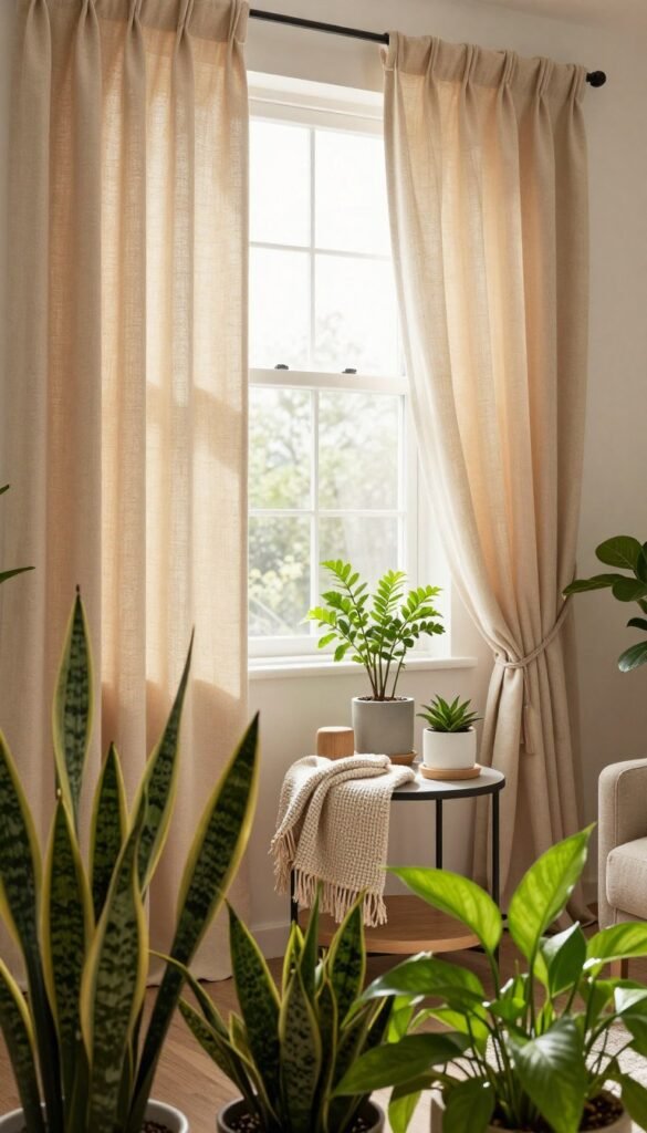 A cozy living space featuring elegant, lightweight drapes in soft, warm colors, gracefully framing a small window. In the foreground, a variety of lush, low-maintenance houseplants such as snake plants and pothos create a vibrant green oasis. The middle ground showcases a stylish side table adorned with decorative pots and a small, textured throw blanket, enhancing the inviting atmosphere. In the background, warm natural light filters through the curtains, casting gentle shadows that evoke a serene mood. The overall aesthetic embodies a Pinterest-inspired look, combining modern decor with nature. This scene is branded subtly with "WohnKiste" elements to reflect style and warmth, perfect for promoting a charming yet space-saving ambiance.