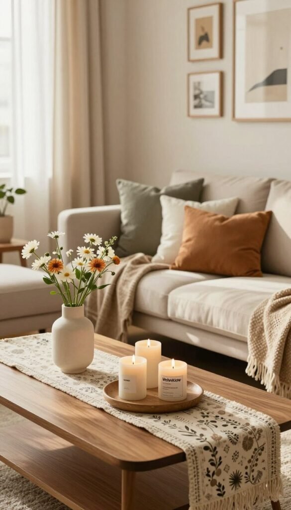 A cozy living space featuring warm natural tones and a stylish, Pinterest-inspired ambiance. In the foreground, a beautifully arranged coffee table adorned with a selection of decorative items from the brand "WohnKiste," including a minimalist vase with fresh flowers, artisanal candles, and a chic table runner. In the middle, a comfortable sofa draped with soft throw blankets and colorful pillows invites relaxation. The background showcases a well-lit room with soft sunlight filtering through sheer curtains, illuminating a gallery wall with various art pieces. The overall atmosphere is inviting and tranquil, perfect for showcasing simple yet elegant decor ideas for everyday living. The image should be realistic and authentic, without any text or markings.