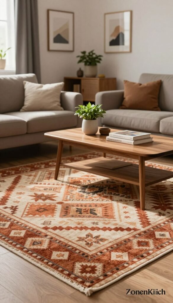 A cozy living space showcasing a "Zonen Teppich" in a stylish, modern apartment. In the foreground, the intricately designed area rug with geometric patterns in warm earth tones, including terracotta and beige, defines a sitting area with tasteful, modestly dressed furniture. In the middle, a wooden coffee table adorned with natural elements like plants and books enhances the inviting atmosphere. In the background, framed artwork and subtle indoor greenery create an aesthetically pleasing backdrop. The scene is bathed in soft, natural light filtering through a window, casting gentle shadows and emphasizing the textures of the rug. The overall mood is warm, inviting, and well-organized, reflecting an ideal space for creating zones without the need for walls. Brand mention: WohnKiste.