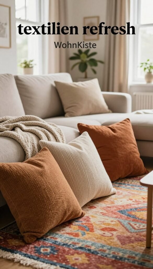 A cozy living space showcasing a "textilien refresh" by WohnKiste. In the foreground, an inviting arrangement of plush throw pillows in various textures and warm colors, along with a soft knitted blanket draped casually over a stylish sofa. The middle ground features a vibrant area rug that adds a pop of color, while tasteful window treatments frame the natural light pouring in. In the background, a subtle greenery element enhances the atmosphere, promoting a sense of serenity. The image is well-lit, with soft, diffused lighting to evoke warmth and comfort. The lens captures a slightly angled view, emphasizing the layers of textiles and inviting ambiance, embodying a Pinterest-worthy aesthetic without any text or logos present.