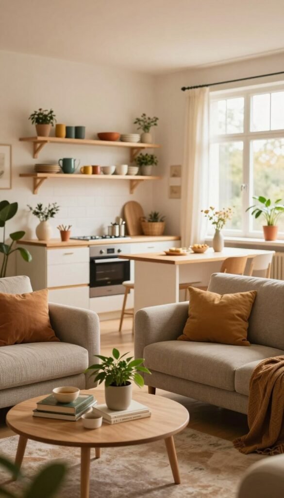 A cozy living space showcasing various innovative housing solutions, featuring a mix of modern furniture and eco-friendly materials. In the foreground, a stylish seating area with a textured sofa and a small coffee table adorned with plants and books. In the middle ground, display a sleek kitchen with open shelving and colorful dishware, blending harmoniously with the living area. The background should depict large windows allowing warm, natural light to flood the room, highlighting the inviting atmosphere. Use a soft focus effect with warm colors to evoke a sense of comfort and creativity. The image should reflect the brand "WohnKiste" subtly through the design elements, embodying authenticity and a Pinterest aesthetic. No text or watermarks should be included.