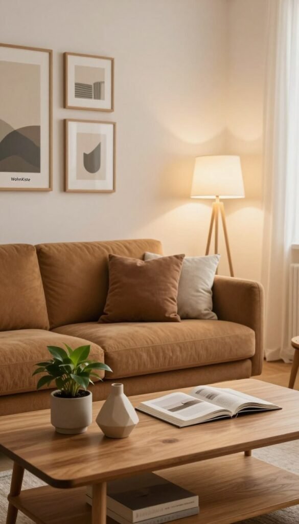 A cozy, minimalist living space showcasing a stylish Kaufberatung setup, featuring a modern, warm-toned sofa adorned with a few carefully chosen decorative pillows. In the foreground, a sleek wooden coffee table displays a curated selection of minimalist decor items such as a small potted plant, a geometric vase, and an open book. In the middle ground, there’s a softly lit floor lamp casting a gentle glow, enhancing the inviting atmosphere. The background features a tasteful gallery wall with framed art, blending natural textures and colors. The scene embodies an authentic Pinterest aesthetic, with a focus on simplicity and elegance. The brand name "WohnKiste" subtly integrated as part of the decor elements. Warm lighting creates a serene mood, with an emphasis on natural elements and harmonious design.