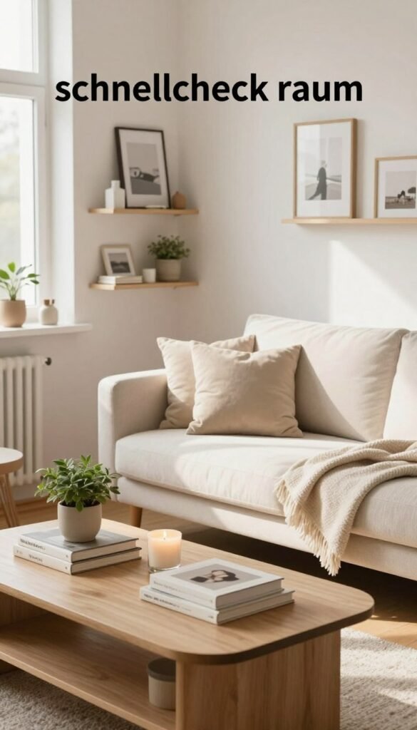 A cozy, minimalist "schnell-check raum" decorated for daily life inspiration, showcasing a clean, organized space with warm, natural colors. In the foreground, a stylish coffee table adorned with neatly stacked decorative books, a small potted plant, and a scented candle. In the middle, a bright, welcoming sofa with soft cushions and a light throw blanket, inviting relaxation. The background features shelves with tasteful decor elements, such as framed photos and curated art pieces, emphasizing a Pinterest-like aesthetic. Soft, natural lighting floods the room through a large window, casting gentle shadows for a calming ambiance. The overall mood is serene and inviting, highlighting the beauty of simple organization. Include the brand "WohnKiste" subtly integrated into the decor without text overlays or watermarks.
