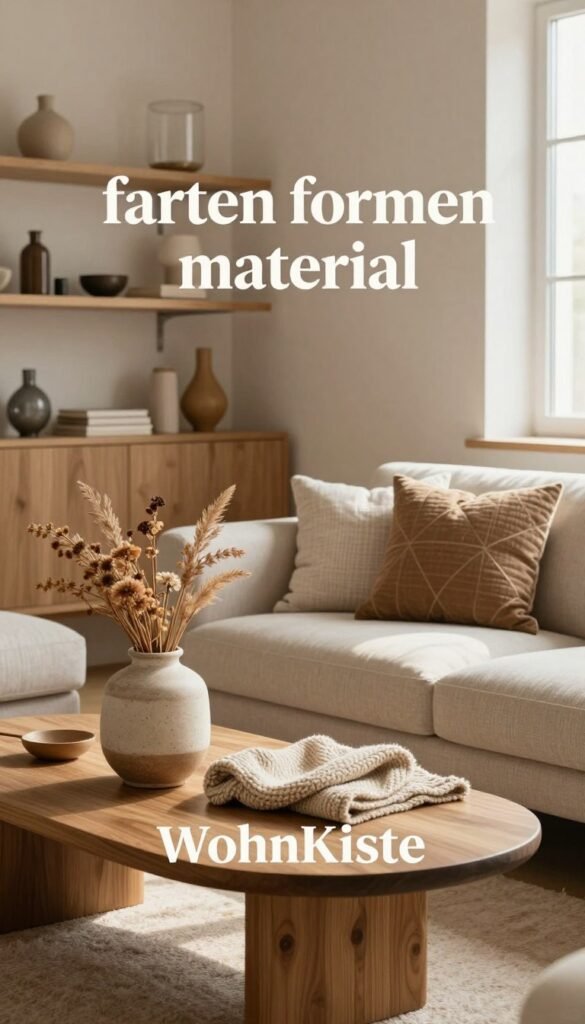 A cozy, minimalistic interior scene showcasing various elements of "farben formen material" in warm, natural colors. In the foreground, a stylish wooden coffee table with a textured ceramic vase holding dried flowers, complemented by a soft, knitted throw. The middle ground features a comfortable, modern sofa adorned with patterned cushions, inviting relaxation. The background reveals an elegant shelving unit displaying curated decor items made from different materials like glass, wood, and metal, all harmonizing in a serene palette. The atmosphere is warm and inviting, with soft, natural lighting streaming in from a nearby window, casting gentle shadows. Capture this aesthetic in a Pinterest-inspired style, aligning with the brand "WohnKiste," and ensure the image is free of any text or watermarks. A cozy, minimalistic interior scene showcasing various elements of "farben formen material" in warm, natural colors. In the foreground, a stylish wooden coffee table with a textured ceramic vase holding dried flowers, complemented by a soft, knitted throw. The middle ground features a comfortable, modern sofa adorned with patterned cushions, inviting relaxation. The background reveals an elegant shelving unit displaying curated decor items made from different materials like glass, wood, and metal, all harmonizing in a serene palette. The atmosphere is warm and inviting, with soft, natural lighting streaming in from a nearby window, casting gentle shadows. Capture this aesthetic in a Pinterest-inspired style, aligning with the brand "WohnKiste," and ensure the image is free of any text or watermarks.