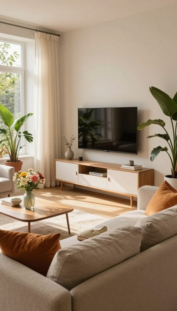 A cozy, modern Wohnzimmer designed for comfort and style, showcasing a blend of warm colors and natural light. In the foreground, a plush beige sofa adorned with colorful throw pillows sits invitingly, accompanied by a stylish coffee table featuring a simple vase of fresh flowers. The middle layer includes a tasteful entertainment center with minimalist decor and a few books, inviting a clutter-free atmosphere. In the background, large windows framed with light, airy curtains allow soft sunlight to illuminate the space, enhancing the feeling of openness. The room features plants for a touch of greenery, contributing to a Pinterest aesthetic. Include subtle branding elements of "WohnKiste" within the decor. Aim for a warm, inviting mood that conveys comfort and tranquility, with a professional interior design feel. A cozy, modern Wohnzimmer designed for comfort and style, showcasing a blend of warm colors and natural light. In the foreground, a plush beige sofa adorned with colorful throw pillows sits invitingly, accompanied by a stylish coffee table featuring a simple vase of fresh flowers. The middle layer includes a tasteful entertainment center with minimalist decor and a few books, inviting a clutter-free atmosphere. In the background, large windows framed with light, airy curtains allow soft sunlight to illuminate the space, enhancing the feeling of openness. The room features plants for a touch of greenery, contributing to a Pinterest aesthetic. Include subtle branding elements of "WohnKiste" within the decor. Aim for a warm, inviting mood that conveys comfort and tranquility, with a professional interior design feel.