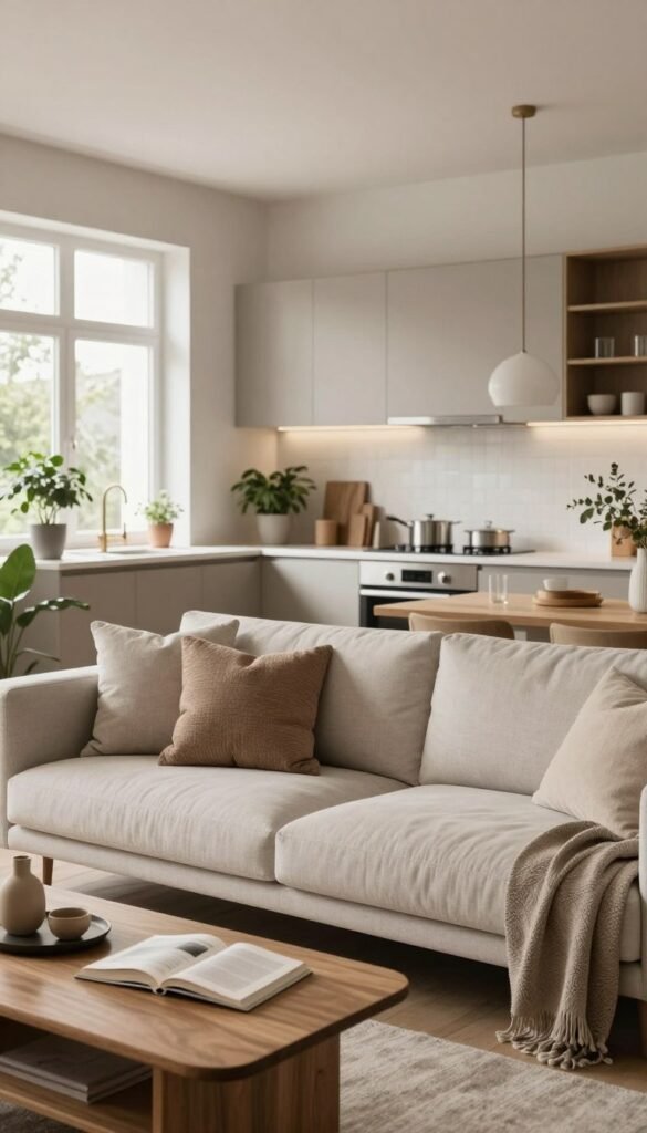 A cozy, modern apartment interior in a soft, warm color palette, showcasing a stylish living space designed for comfort and functionality. In the foreground, a sleek, minimalistic sofa in a neutral tone is adorned with plush, textured cushions. A wooden coffee table with decorative items and an open book sits in front of it. The middle ground features a well-organized kitchen area with contemporary cabinets, stainless steel appliances, and potted plants adding a touch of greenery. In the background, a large window allows natural light to flood the room, highlighting the elegant decor. Overall, the atmosphere is inviting and harmonious, embodying the essence of modern living. The brand name "Wohnkiste" subtly incorporated into a decorative element within the space enhances the authenticity of the design.