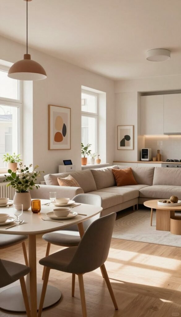 A cozy, modern apartment interior that showcases effective space-saving decor solutions, emphasizing functionality and aesthetic appeal. In the foreground, a stylish, minimalist dining area with a compact table and elegant chairs, adorned with warm-colored decorations like a potted plant and tasteful tableware. In the middle-ground, a stylish living space featuring a modular sofa, smart storage units, and framed art on the walls, designed in soft hues for a calming effect. The background should highlight a well-organized kitchen area with natural light streaming in through a window, creating a bright, inviting atmosphere. Include elements of Scandinavian design, blending comfort and contemporary style. Capture this scene with soft, diffused lighting, taken from a low angle to accentuate the spacious feel, embodying the essence of "WohnKiste" while avoiding any text or overlays.