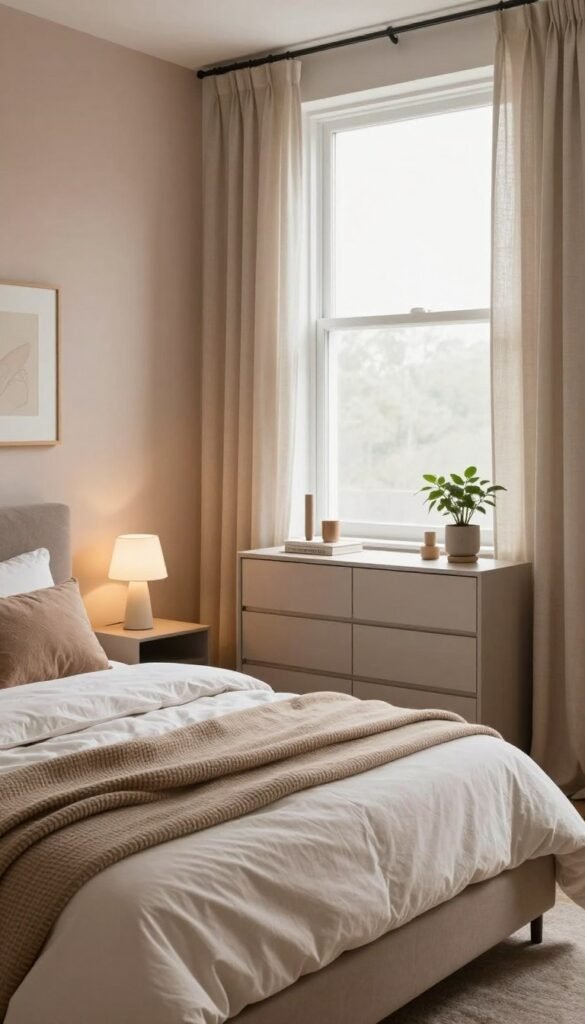 A cozy modern bedroom designed with a tranquil atmosphere, featuring soft warm colors and natural materials. In the foreground, a neatly made bed with plush, layered bedding in muted tones, complemented by textured throw pillows. To the side, a stylish nightstand holding a small lamp casting a gentle glow. In the middle, a sleek dresser with minimalist decor and a small potted plant. The background showcases a large window allowing soft natural light to flood the room, framed by light, airy curtains. The walls are subtly painted in calming hues, and a tasteful piece of artwork adds a touch of sophistication. The overall look is curated for comfort and relaxation, conveying an elegant Pinterest-inspired aesthetic. Include brand name "WohnKiste" as part of the interior design elements.