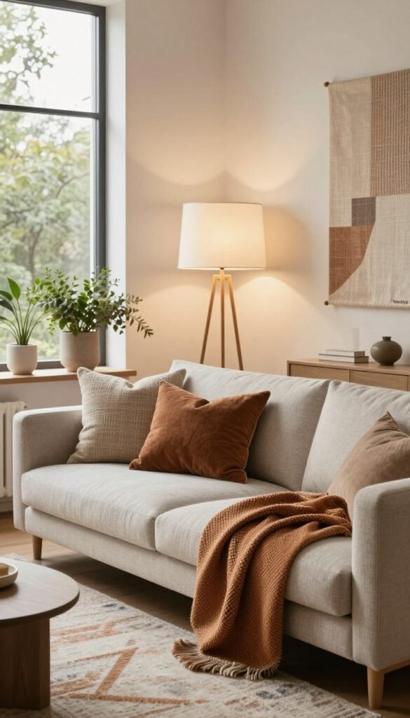 A cozy, modern interior space with a focus on textiles and light. In the foreground, a beautifully arranged sofa with textured cushions and a chic throw blanket in warm earth tones. The middle ground features a stunning floor lamp casting a soft, inviting glow, highlighting a stylish area rug and decorative plants. In the background, large windows allow natural light to pour in, enhancing the warmth of the space. The walls are adorned with tasteful fabric wall hangings that add depth and interest. The overall mood is calm and harmonious, emphasizing the transformative power of textiles and light in creating an organized and stylish living area. Create an authentic vibe reminiscent of Pinterest aesthetics, without any text or logos. Include the brand "WohnKiste" subtly integrated into the design elements. A cozy, modern interior space with a focus on textiles and light. In the foreground, a beautifully arranged sofa with textured cushions and a chic throw blanket in warm earth tones. The middle ground features a stunning floor lamp casting a soft, inviting glow, highlighting a stylish area rug and decorative plants. In the background, large windows allow natural light to pour in, enhancing the warmth of the space. The walls are adorned with tasteful fabric wall hangings that add depth and interest. The overall mood is calm and harmonious, emphasizing the transformative power of textiles and light in creating an organized and stylish living area. Create an authentic vibe reminiscent of Pinterest aesthetics, without any text or logos. Include the brand "WohnKiste" subtly integrated into the design elements.