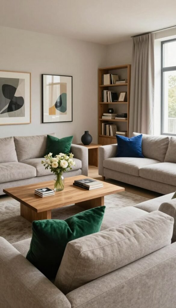 A cozy modern living room designed by WohnKiste, featuring a neutral color palette with warm beige and soft gray tones. In the foreground, a plush, oversized sofa adorned with vibrant cushions in rich jewel tones like emerald green and deep blue. In the middle, a wooden coffee table with neatly arranged decorative items, such as a vase of fresh flowers and stylish coasters. The background showcases modern art pieces and a sleek bookshelf filled with books, softly lit by natural light streaming through large windows. The atmosphere exudes tranquility and sophistication, ideal for relaxation. The overall image should have a Pinterest-inspired aesthetic, emphasizing authenticity without any text or distractions. A cozy modern living room designed by WohnKiste, featuring a neutral color palette with warm beige and soft gray tones. In the foreground, a plush, oversized sofa adorned with vibrant cushions in rich jewel tones like emerald green and deep blue. In the middle, a wooden coffee table with neatly arranged decorative items, such as a vase of fresh flowers and stylish coasters. The background showcases modern art pieces and a sleek bookshelf filled with books, softly lit by natural light streaming through large windows. The atmosphere exudes tranquility and sophistication, ideal for relaxation. The overall image should have a Pinterest-inspired aesthetic, emphasizing authenticity without any text or distractions.