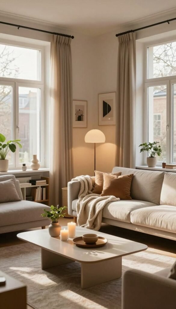 A cozy, modern living room designed for optimal light planning, featuring soft natural light streaming through large windows with warm-toned curtains. In the foreground, a stylish coffee table with a few well-placed decorative items like candles and plants, creating an inviting atmosphere. The middle ground reveals comfortable seating—an elegant sofa draped with a plush blanket, and a sleek floor lamp providing additional ambient lighting. The background showcases a minimalist bookshelf and artwork on the walls, enhancing the soft aesthetic. The overall composition evokes a warm, inviting atmosphere that encourages relaxation and social interaction, with a Pinterest-inspired aesthetic. Shot with a wide-angle lens for depth, focusing on the interplay of light and shadow, embodying the essence of Lichtplanung. Include subtle branding of "WohnKiste" in the scene's design elements, ensuring a harmonious integration.