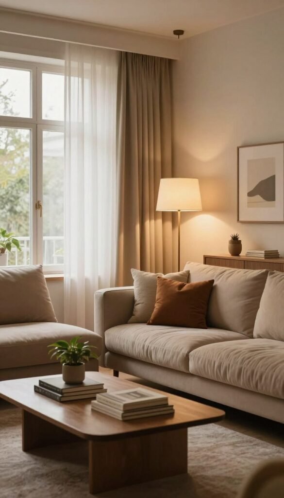 A cozy, modern living room designed to evoke warmth and comfort, perfect for a WohnKiste atmosphere. In the foreground, a plush, oversized sofa with soft, inviting cushions in warm tones, complemented by a stylish coffee table adorned with neatly arranged books and a small indoor plant. The middle section features elegant lighting fixtures, such as a chic pendant lamp and soft floor lamps that cast a gentle glow, enhancing the inviting mood. In the background, large windows with sheer curtains allow natural light to filter in, creating a seamless blend of indoor and outdoor spaces. The walls are painted in soothing, earthy colors, decorated with minimalist artwork. The overall atmosphere is tranquil and elegant, embodying a Pinterest-worthy aesthetic without any text or logos in the image.