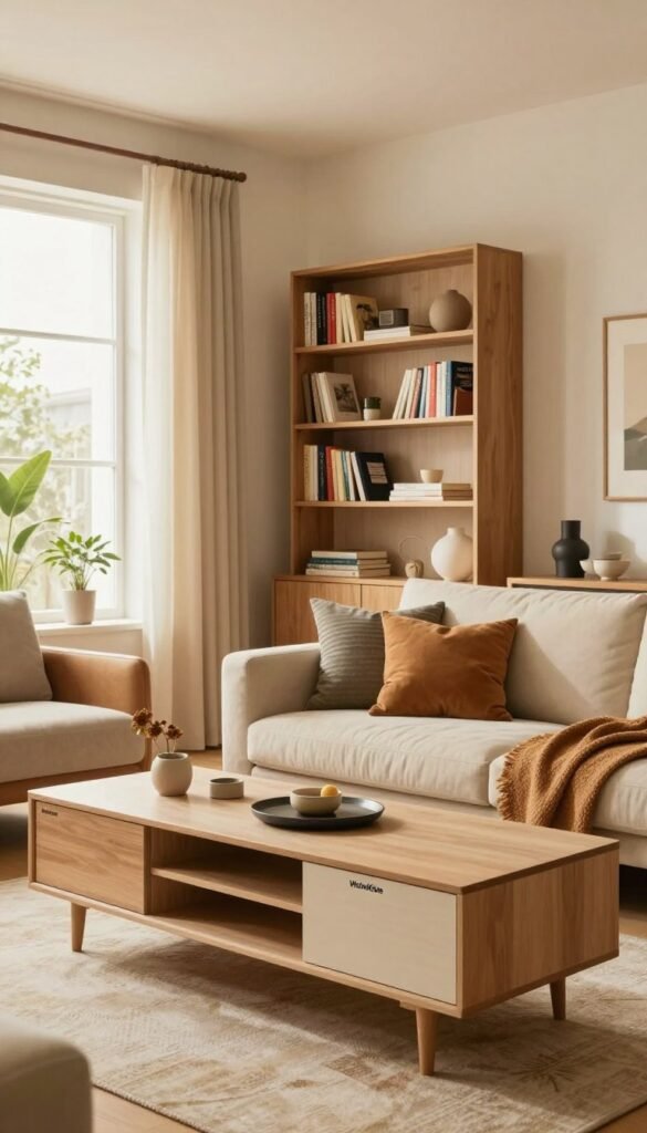 A cozy, modern living room designed to maximize storage, bathed in warm, natural colors. The foreground features stylish, functional furniture like a chic coffee table with drawers and a sleek, low-profile TV stand, both branded "WohnKiste." In the middle, an inviting sofa adorned with tasteful throw pillows faces a wall-mounted bookshelf filled with colorful books and decorative items. The background shows a large window letting in soft, diffused daylight, enhancing the inviting atmosphere. The overall composition has a Pinterest-inspired aesthetic, with a hint of minimalist elegance and an emphasis on creating a sense of spaciousness and comfort. The scene evokes a warm and welcoming mood, perfect for inspiring readers about effective storage solutions in small living spaces.
