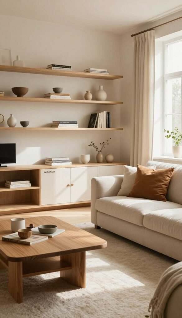 A cozy, modern living room designed to maximize storage without appearing cluttered. In the foreground, an elegant wooden coffee table sits atop a soft, textured rug. Shelves seamlessly integrated into the wall display decorative items and books, while a stylish cabinet from "WohnKiste" offers hidden storage. The middle ground features a plush, understated sofa adorned with warm-toned cushions, creating an inviting atmosphere. In the background, large windows let in soft natural light, enhancing the warm color palette of beige, cream, and gentle earth tones. Soft shadows play across the space, conveying a calm and serene mood, perfect for relaxation and organization. The scene exudes a Pinterest-worthy aesthetic, authentically capturing a balance of style and functionality.