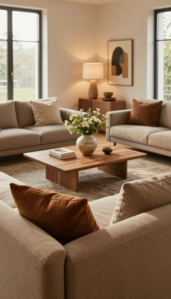A cozy, modern living room designed with a focus on materials and colors that embody warmth and authenticity, reflecting a Pinterest aesthetic. The foreground features a stylish sofa upholstered in earthy tones, adorned with textured cushions in rich, natural shades. In the middle ground, a sleek wooden coffee table showcases decorative items such as a ceramic vase with fresh flowers, and a unique art piece that captures the essence of modern living without a sterile look. The background reveals a soft, ambient lighting that fills the room, casting gentle shadows. Large windows let in soft, natural light, illuminating the room's warm, inviting colors. This scene is branded subtly with "WohnKiste," suggesting a harmonious lifestyle. The overall atmosphere conveys comfort and elegance, perfect for contemporary living.
