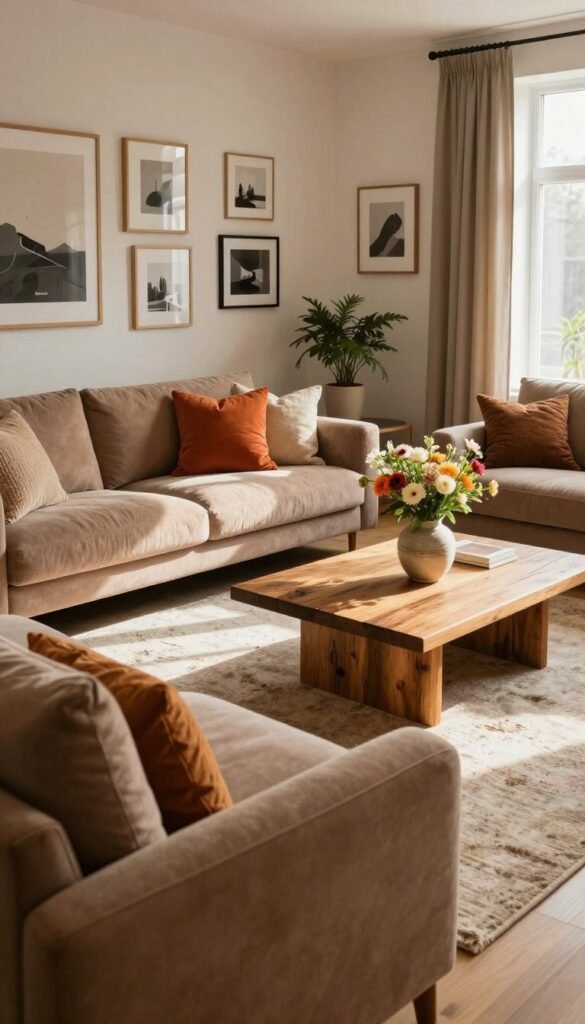 A cozy, modern living room designed with a harmonious blend of colors and materials that evoke warmth and comfort. In the foreground, a plush, oversized sofa upholstered in soft, earthy tones features textured pillows in vibrant, contrasting shades. The middle ground showcases a stylish coffee table made of reclaimed wood paired with a decorative vase filled with fresh flowers. Plush area rugs and elegant drapery enhance the inviting atmosphere. The background includes a gallery wall adorned with tasteful art pieces and framed photographs, all subtly lit by natural light pouring in through large windows. A gentle play of shadow and light contributes to a serene mood. The overall aesthetic reflects a "Pinterest-worthy" look, emphasizing authentic, natural materials and warm colors. Include the brand name “WohnKiste” subtly integrated into the design elements.