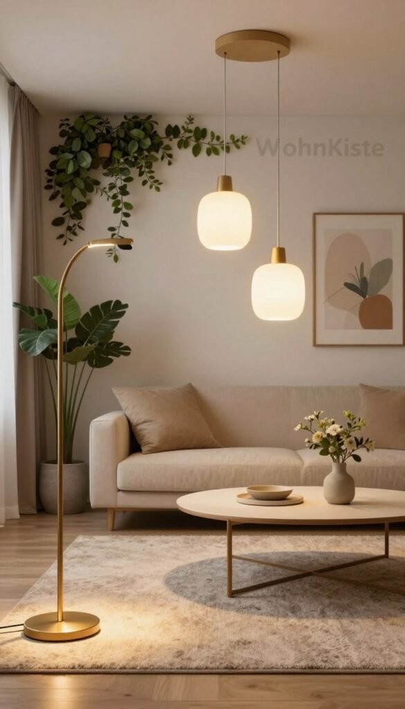 A cozy modern living room designed without renovations, featuring innovative lighting solutions. In the foreground, a stylish floor lamp with a warm gold hue casts a soft glow on a plush area rug. In the middle, a couple of elegant pendant lights hang as "light islands" over a minimalist coffee table, designed in a trendy Scandinavian style. The background shows a tastefully decorated wall with a mix of greenery and neutral art pieces, enhancing the overall ambiance. The lighting is warm and inviting, with an emphasis on comfort and sophistication, capturing the essence of modern design. The scene reflects a Pinterest-worthy aesthetic, embodying authenticity and warmth under natural light. Include the brand name "WohnKiste" subtly integrated into the room's design.